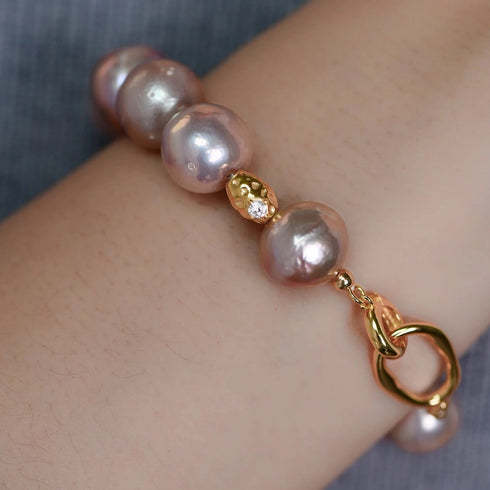 Large Purple Freshwater Baroque Pearl Bracelet - Gold Vermeil & Zirconia Accents